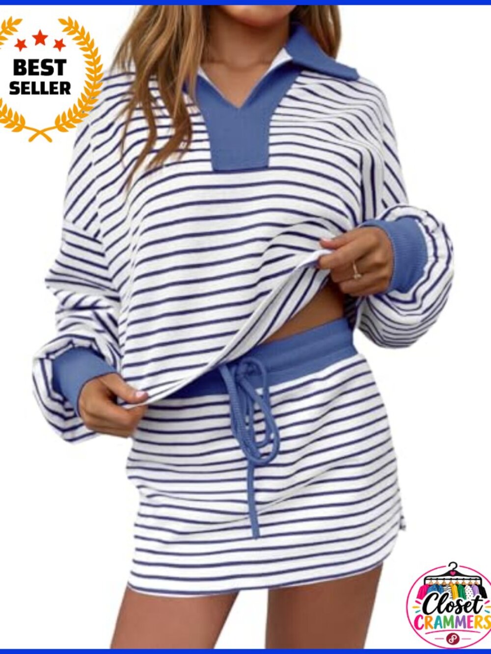 Fisoew Striped 2 Piece Outfit Long Sleeve V-Neck Top & Skirt Set with Built-In